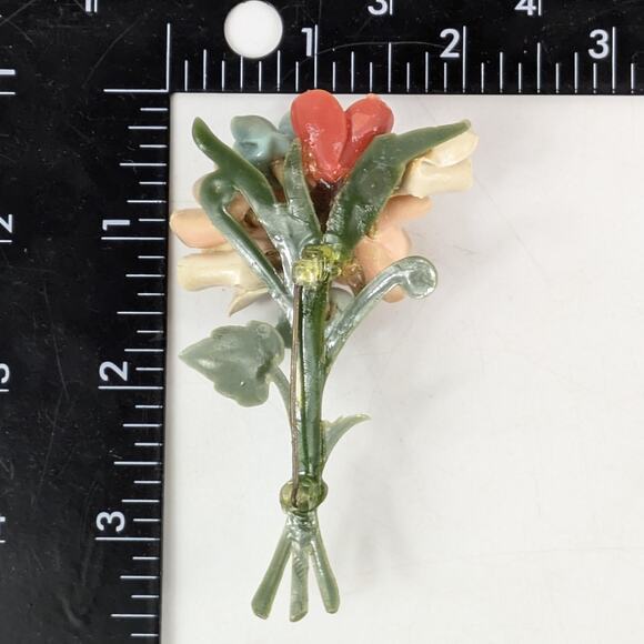 Vintage Floral Bouquet Brooch Porcelain Resin Flower Pin Green Peach Red Blue - Picture 4 of 6